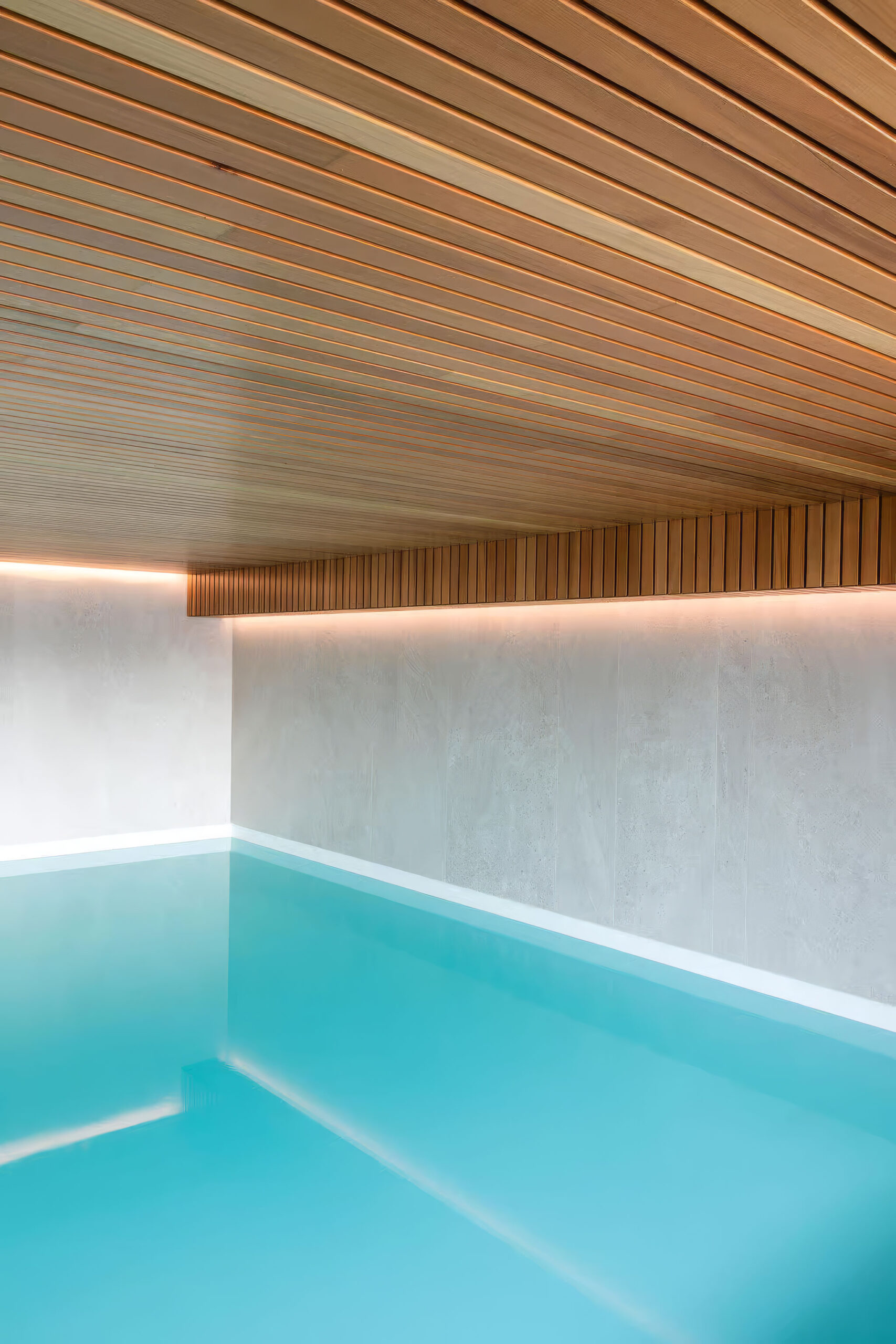 Piscine intérieure haut de gamme, contemporaine, bardage bois