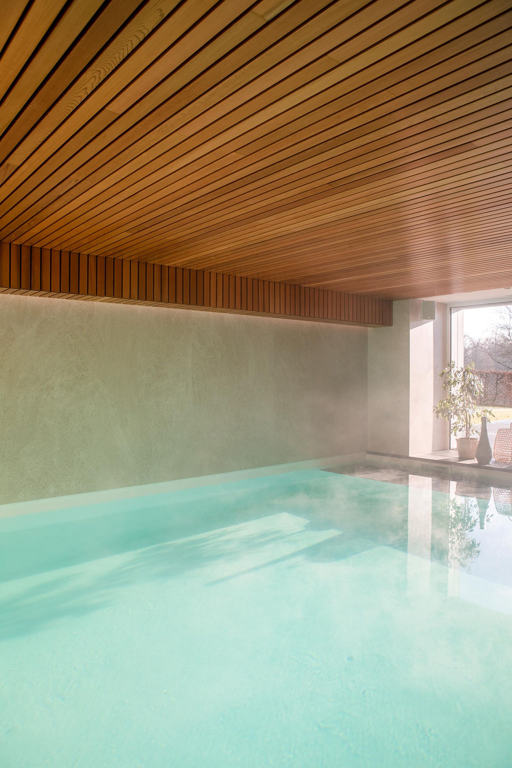 Piscine intérieure haut de gamme, contemporaine, bardage bois
